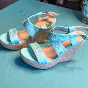 Teal strappy, floral wedges